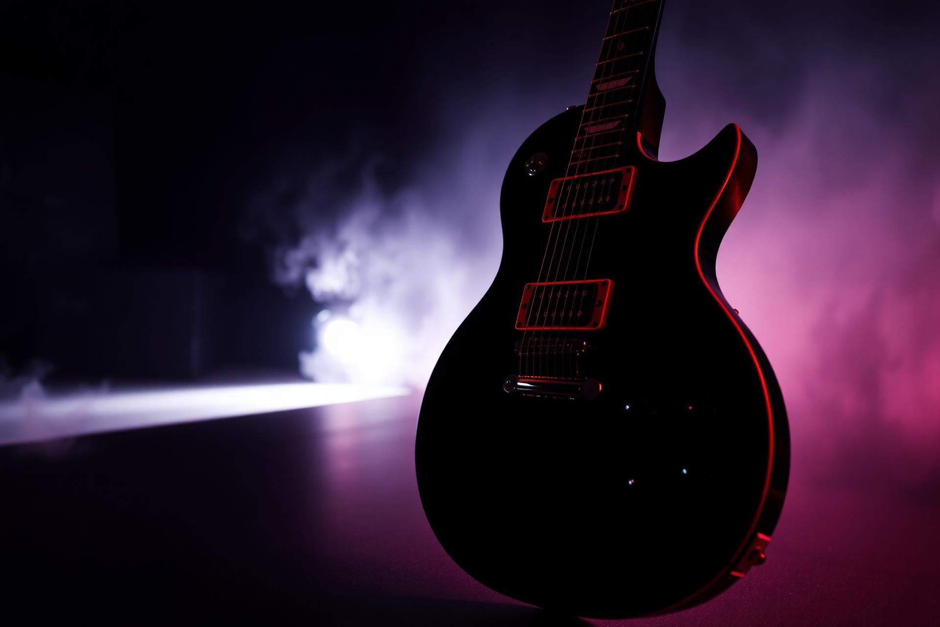 Guitarra eléctrica iluminada en escenario